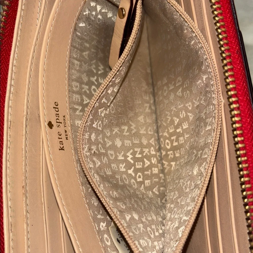 Kate Spade Red Pebbled Leather Zip Around Wallet with Logo Plate